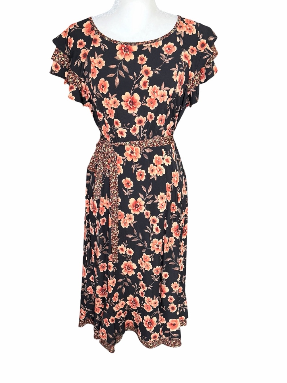 Perceptions NY Floral Midi Dress Size L Petite Flutter Sleeve Tie Waist